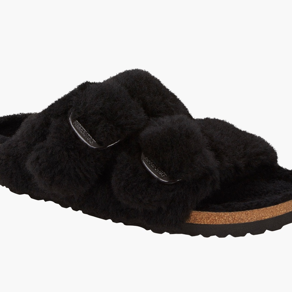 NEW Birkenstock Arizona Black Genuine Shearling Big Buckle Sandal EU 36